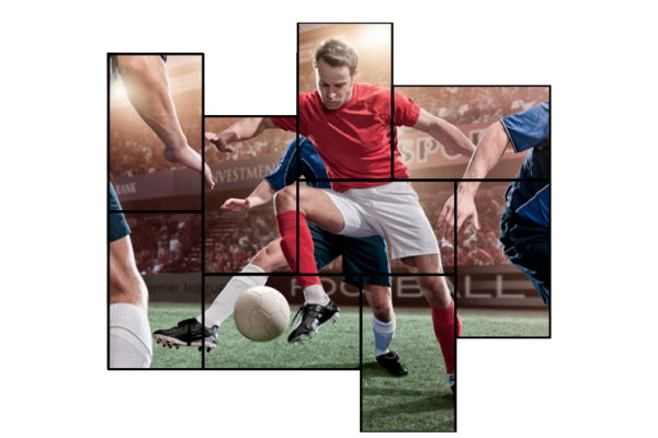 Das Bild eines Fußballspielers verteilt über mehrere zusammengeschlossene Displays.