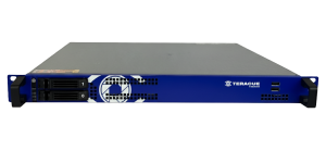 The picture shows the GSS Teracue TAC 2.0 in a 19-inch server housing. The front is in Teracue blue with the Teracue lettering on the right and the sterilized camera symbol in the Teracue eye on the left.